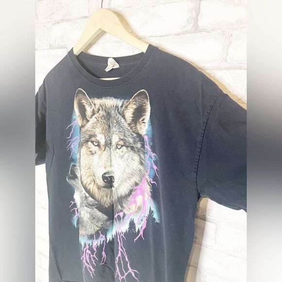 Vintage Y2K Wolf Dog Graphic Tee With Purple and Blue Lightning Short Sleeve - Picture 2 of 5